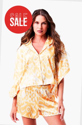 Pijama Curto Manga Curta Botões Cetim Festa Amarelo